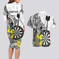 Personalised New Zealand Darts Couples Matching Long Sleeve Bodycon Dress and Hawaiian Shirt Kowhai Floral with Maori Tattoo LT9 - Polynesian Pride