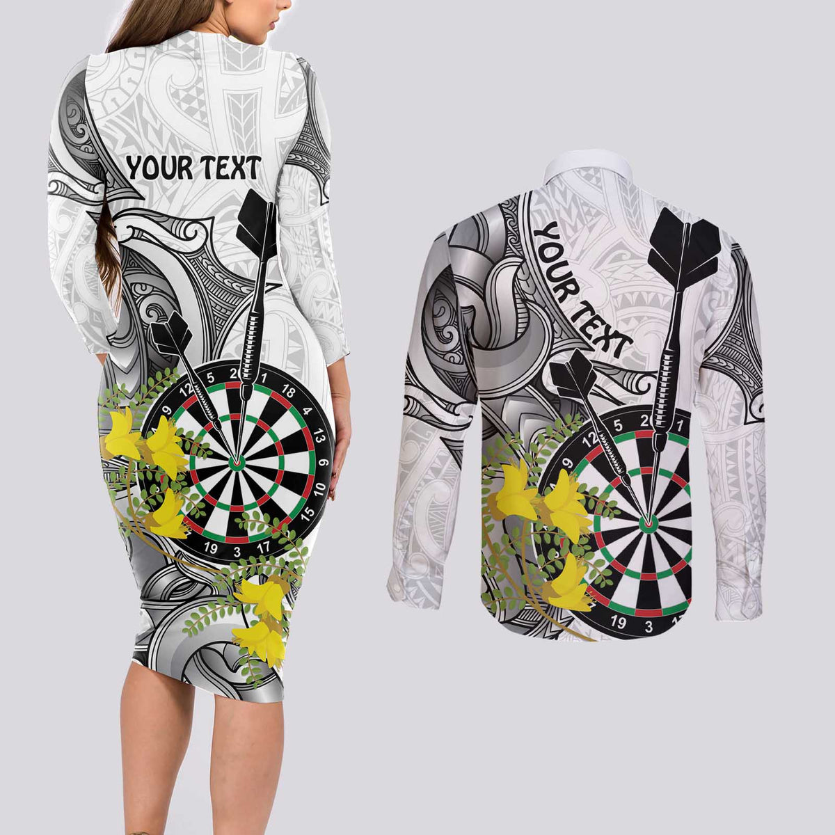 Personalised New Zealand Darts Couples Matching Long Sleeve Bodycon Dress and Long Sleeve Button Shirt Kowhai Floral with Maori Tattoo LT9 - Polynesian Pride