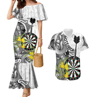 Personalised New Zealand Darts Couples Matching Mermaid Dress and Hawaiian Shirt Kowhai Floral with Maori Tattoo LT9 Black - Polynesian Pride
