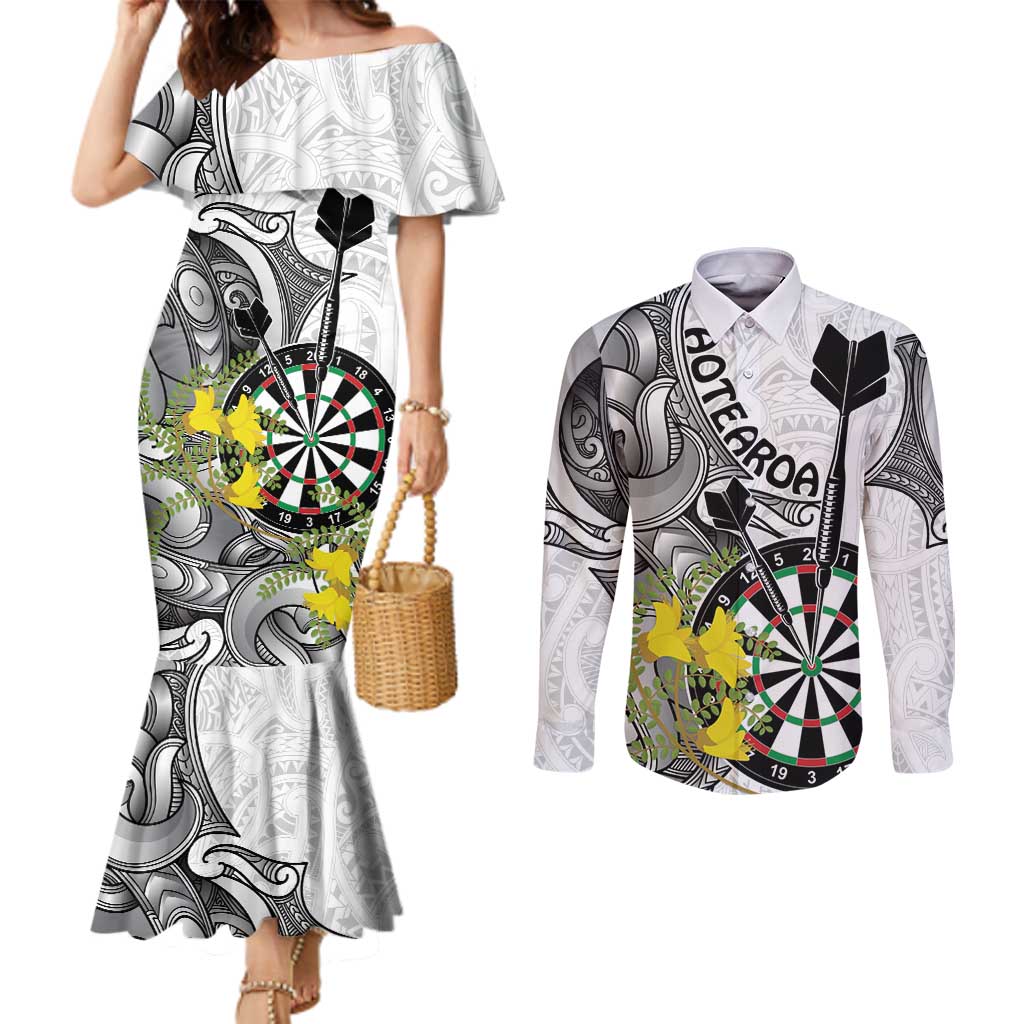 Personalised New Zealand Darts Couples Matching Mermaid Dress and Long Sleeve Button Shirt Kowhai Floral with Maori Tattoo LT9 Black - Polynesian Pride