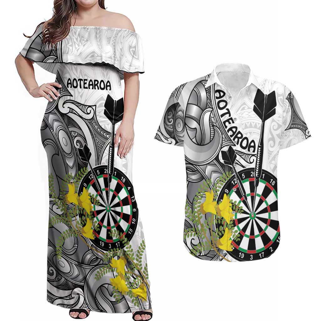 Personalised New Zealand Darts Couples Matching Off Shoulder Maxi Dress and Hawaiian Shirt Kowhai Floral with Maori Tattoo LT9 Black - Polynesian Pride