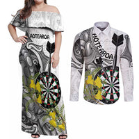 Personalised New Zealand Darts Couples Matching Off Shoulder Maxi Dress and Long Sleeve Button Shirt Kowhai Floral with Maori Tattoo LT9 Black - Polynesian Pride