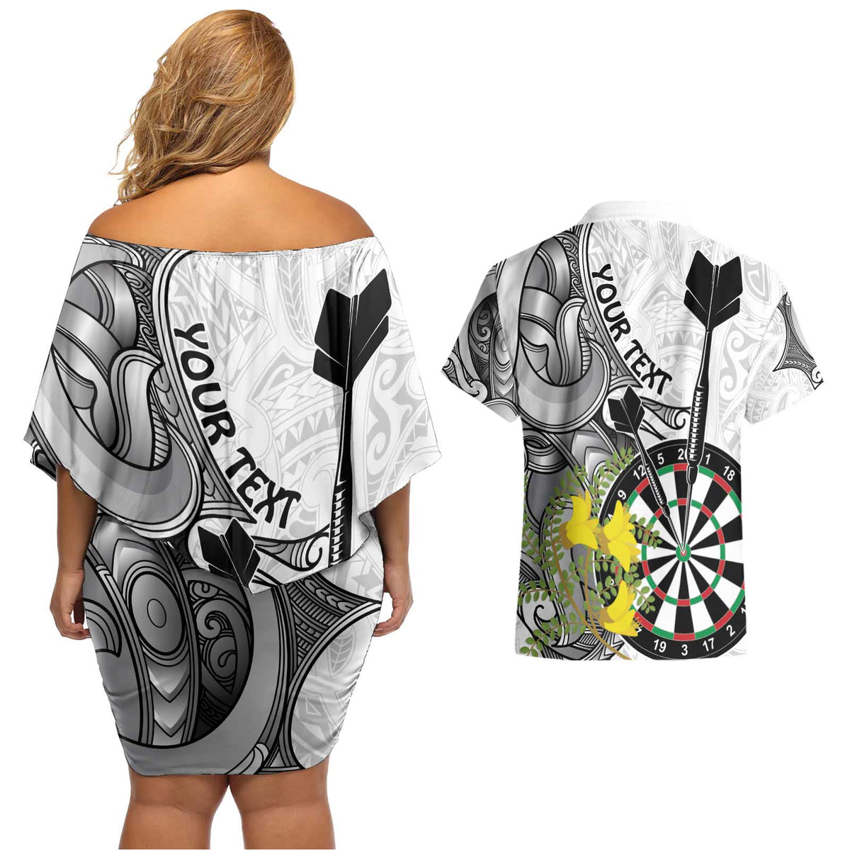 Personalised New Zealand Darts Couples Matching Off Shoulder Short Dress and Hawaiian Shirt Kowhai Floral with Maori Tattoo LT9 - Polynesian Pride