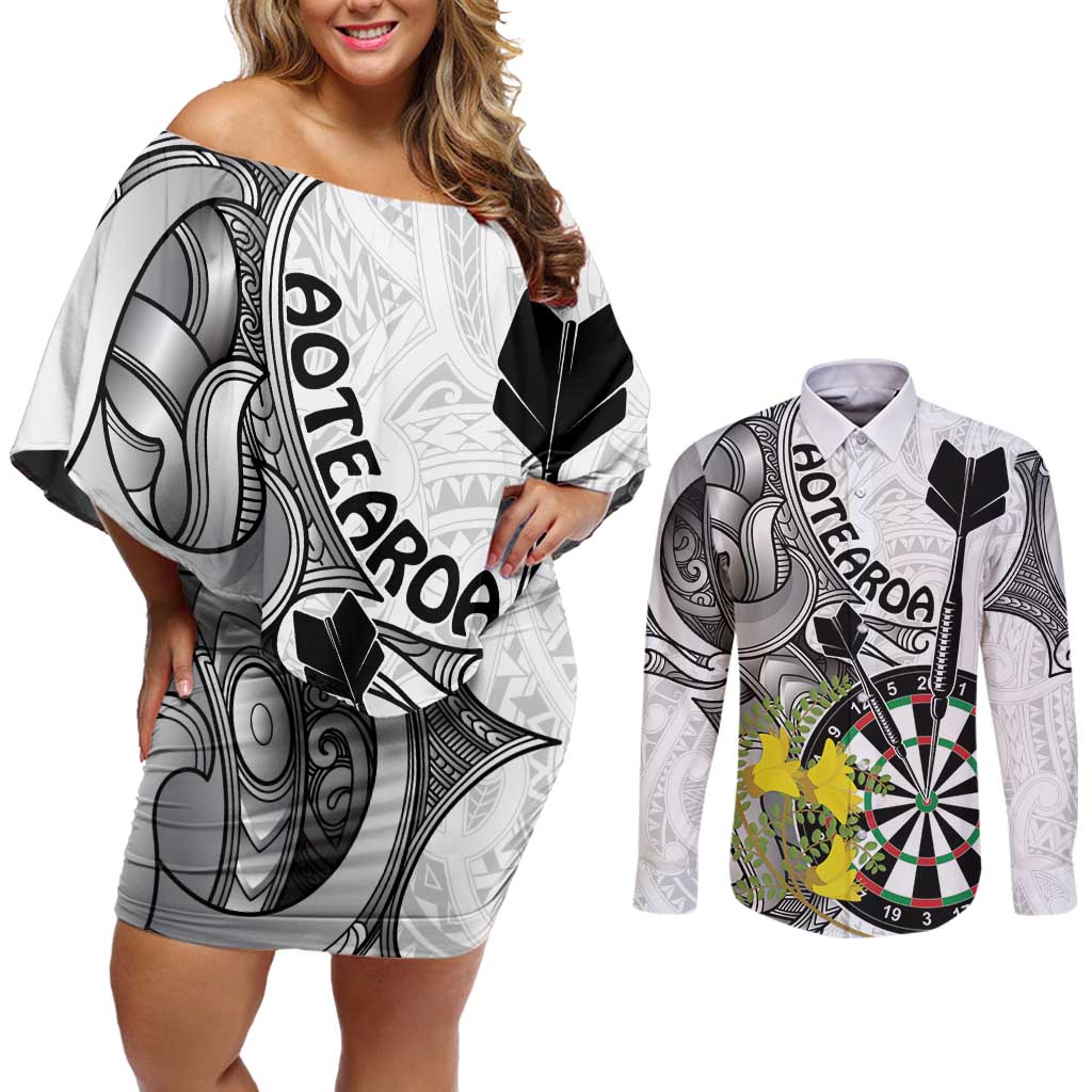 Personalised New Zealand Darts Couples Matching Off Shoulder Short Dress and Long Sleeve Button Shirt Kowhai Floral with Maori Tattoo LT9 Black - Polynesian Pride