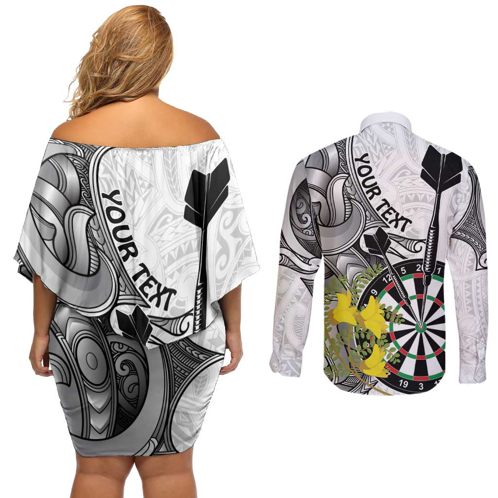 Personalised New Zealand Darts Couples Matching Off Shoulder Short Dress and Long Sleeve Button Shirt Kowhai Floral with Maori Tattoo LT9 - Polynesian Pride