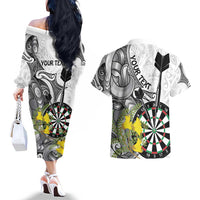 Personalised New Zealand Darts Couples Matching Off The Shoulder Long Sleeve Dress and Hawaiian Shirt Kowhai Floral with Maori Tattoo LT9 - Polynesian Pride