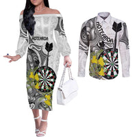 Personalised New Zealand Darts Couples Matching Off The Shoulder Long Sleeve Dress and Long Sleeve Button Shirt Kowhai Floral with Maori Tattoo LT9 Black - Polynesian Pride