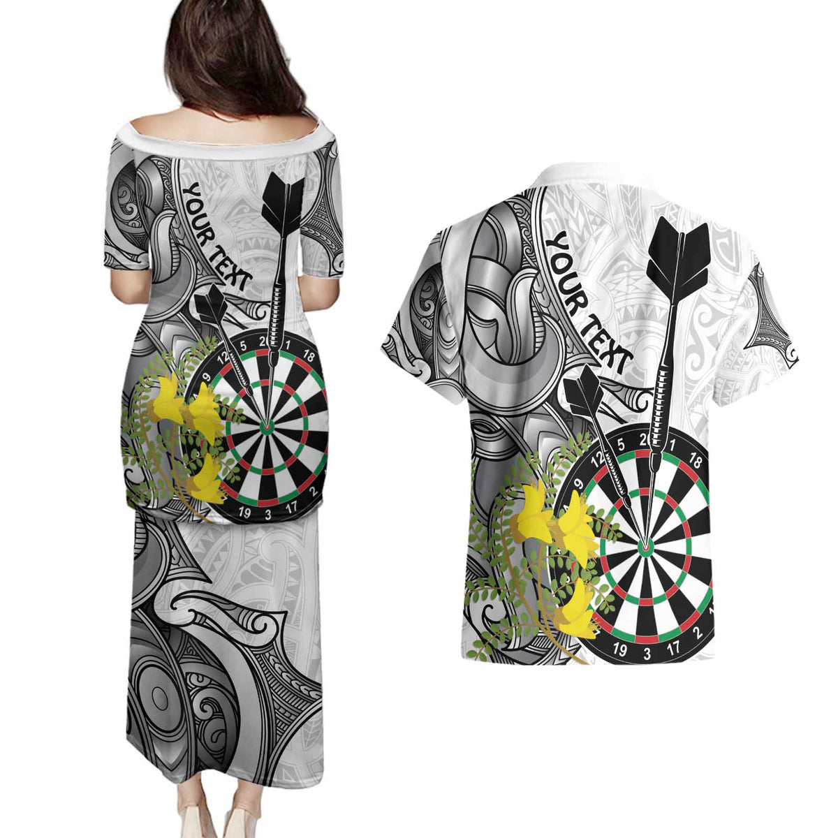 Personalised New Zealand Darts Couples Matching Puletasi and Hawaiian Shirt Kowhai Floral with Maori Tattoo LT9 - Polynesian Pride