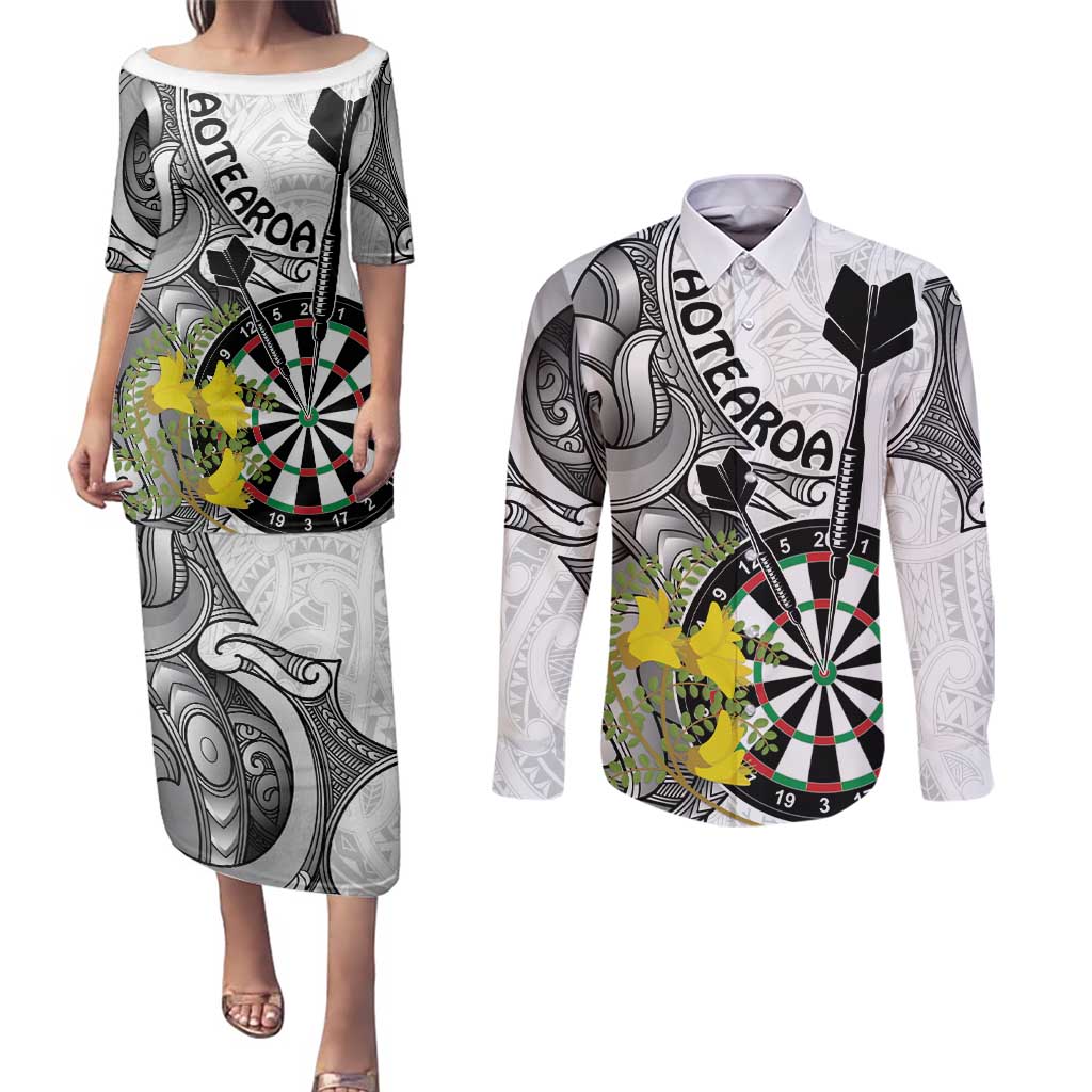 Personalised New Zealand Darts Couples Matching Puletasi and Long Sleeve Button Shirt Kowhai Floral with Maori Tattoo LT9 Black - Polynesian Pride