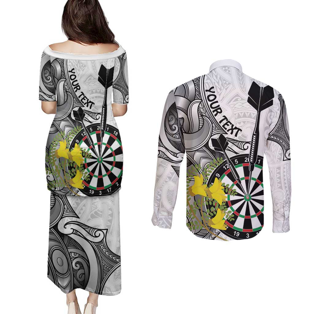 Personalised New Zealand Darts Couples Matching Puletasi and Long Sleeve Button Shirt Kowhai Floral with Maori Tattoo LT9 - Polynesian Pride