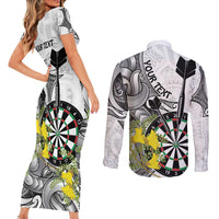 Personalised New Zealand Darts Couples Matching Short Sleeve Bodycon Dress and Long Sleeve Button Shirt Kowhai Floral with Maori Tattoo LT9 - Polynesian Pride
