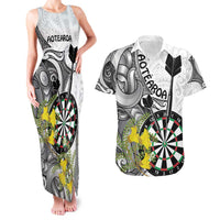 Personalised New Zealand Darts Couples Matching Tank Maxi Dress and Hawaiian Shirt Kowhai Floral with Maori Tattoo LT9 Black - Polynesian Pride