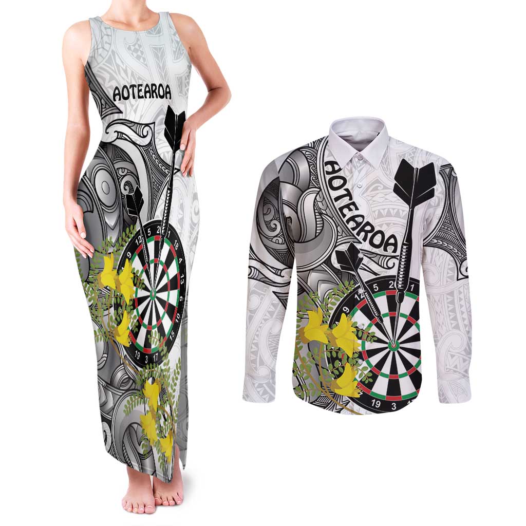 Personalised New Zealand Darts Couples Matching Tank Maxi Dress and Long Sleeve Button Shirt Kowhai Floral with Maori Tattoo LT9 Black - Polynesian Pride