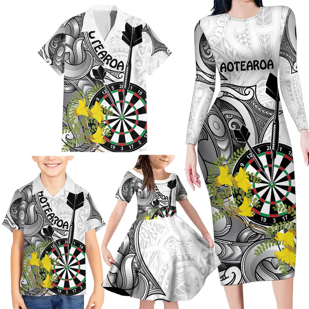 Personalised New Zealand Darts Family Matching Long Sleeve Bodycon Dress and Hawaiian Shirt Kowhai Floral with Maori Tattoo LT9 - Polynesian Pride