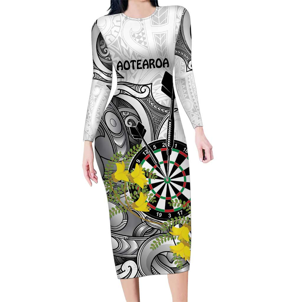 Personalised New Zealand Darts Family Matching Long Sleeve Bodycon Dress and Hawaiian Shirt Kowhai Floral with Maori Tattoo LT9 Mom's Dress Black - Polynesian Pride