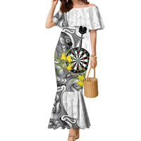 Personalised New Zealand Darts Family Matching Mermaid Dress and Hawaiian Shirt Kowhai Floral with Maori Tattoo LT9 Mom's Dress Black - Polynesian Pride