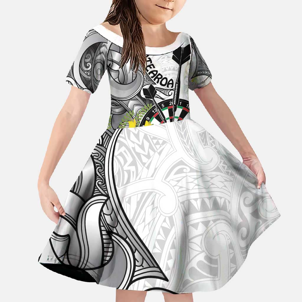 Personalised New Zealand Darts Family Matching Off Shoulder Maxi Dress and Hawaiian Shirt Kowhai Floral with Maori Tattoo LT9 Daughter's Dress Black - Polynesian Pride