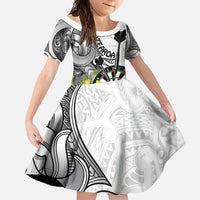 Personalised New Zealand Darts Family Matching Off Shoulder Maxi Dress and Hawaiian Shirt Kowhai Floral with Maori Tattoo LT9 Daughter's Dress Black - Polynesian Pride