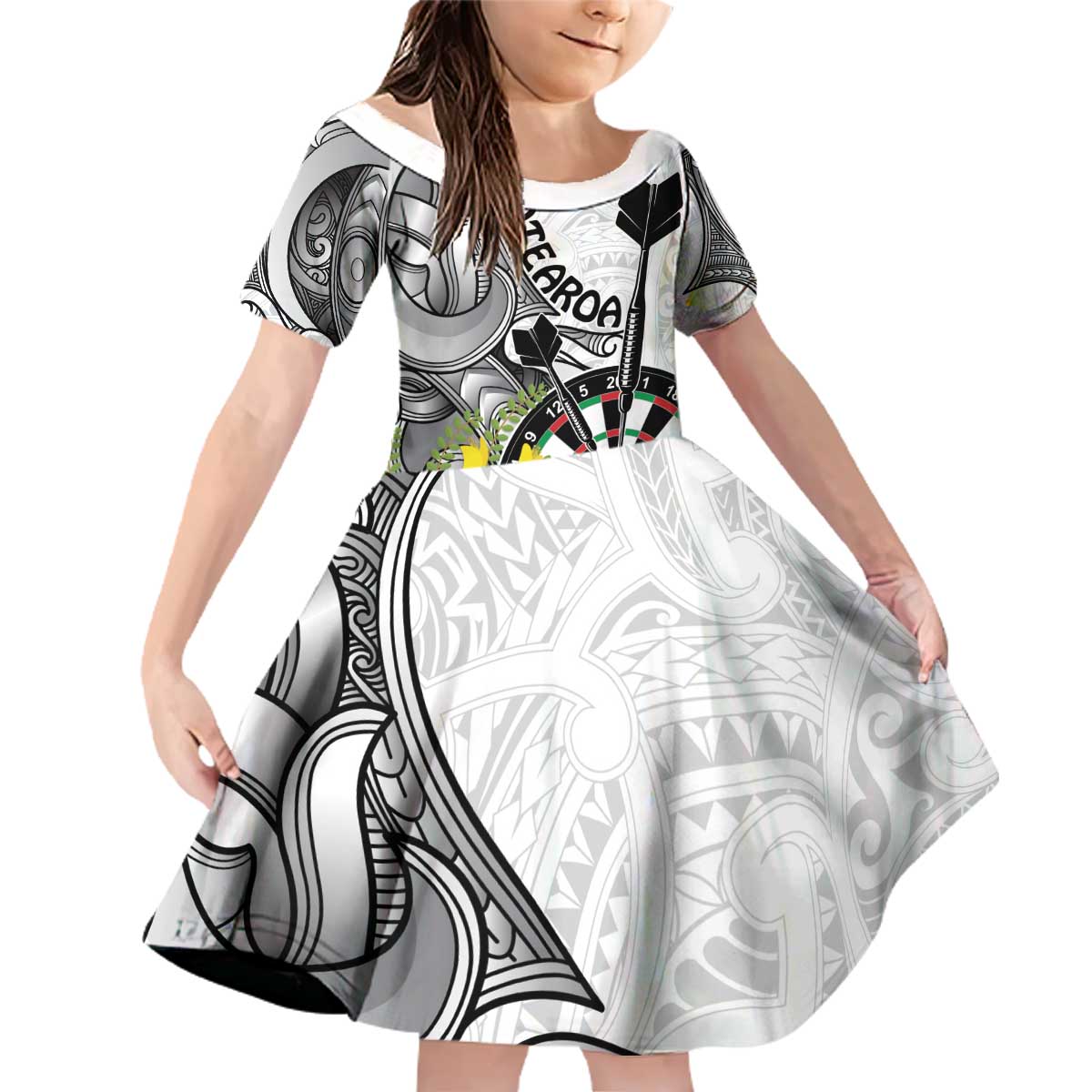 Personalised New Zealand Darts Family Matching Off Shoulder Short Dress and Hawaiian Shirt Kowhai Floral with Maori Tattoo LT9 Daughter's Dress Black - Polynesian Pride