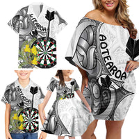 Personalised New Zealand Darts Family Matching Off Shoulder Short Dress and Hawaiian Shirt Kowhai Floral with Maori Tattoo LT9 - Polynesian Pride