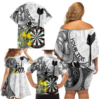 Personalised New Zealand Darts Family Matching Off Shoulder Short Dress and Hawaiian Shirt Kowhai Floral with Maori Tattoo LT9 - Polynesian Pride