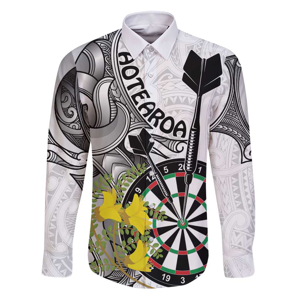 Personalised New Zealand Darts Family Matching Puletasi and Hawaiian Shirt Kowhai Floral with Maori Tattoo LT9 Dad's Shirt - Long Sleeve Black - Polynesian Pride