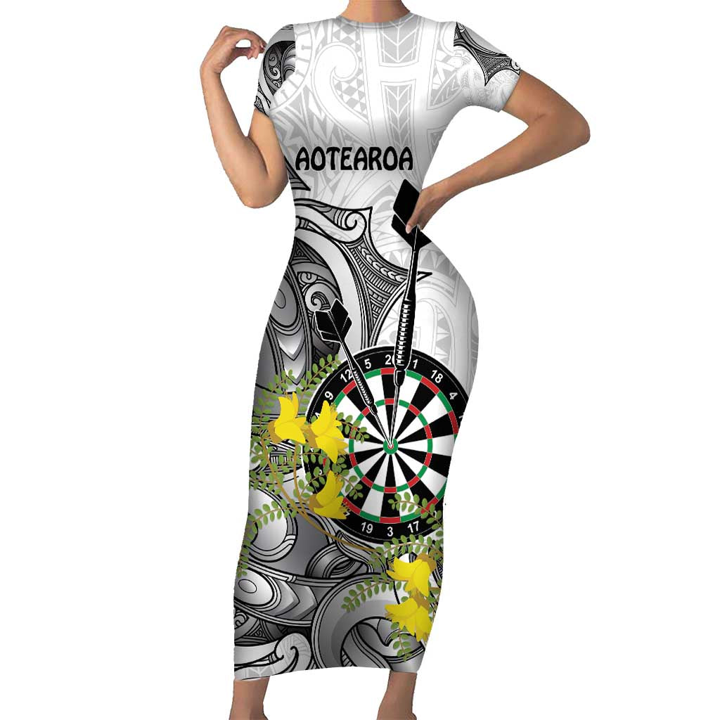 Personalised New Zealand Darts Family Matching Short Sleeve Bodycon Dress and Hawaiian Shirt Kowhai Floral with Maori Tattoo LT9 Mom's Dress Black - Polynesian Pride