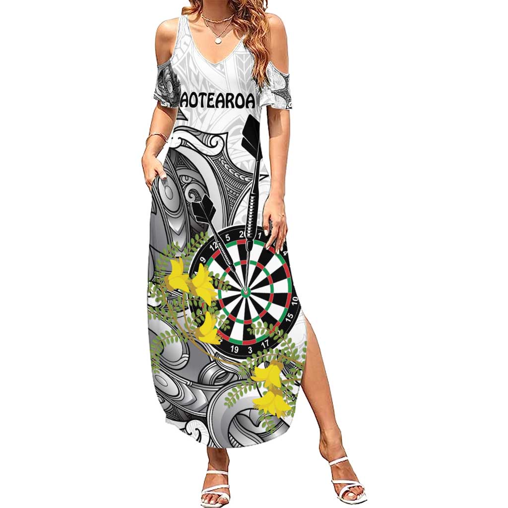 Personalised New Zealand Darts Family Matching Summer Maxi Dress and Hawaiian Shirt Kowhai Floral with Maori Tattoo LT9 Mom's Dress Black - Polynesian Pride