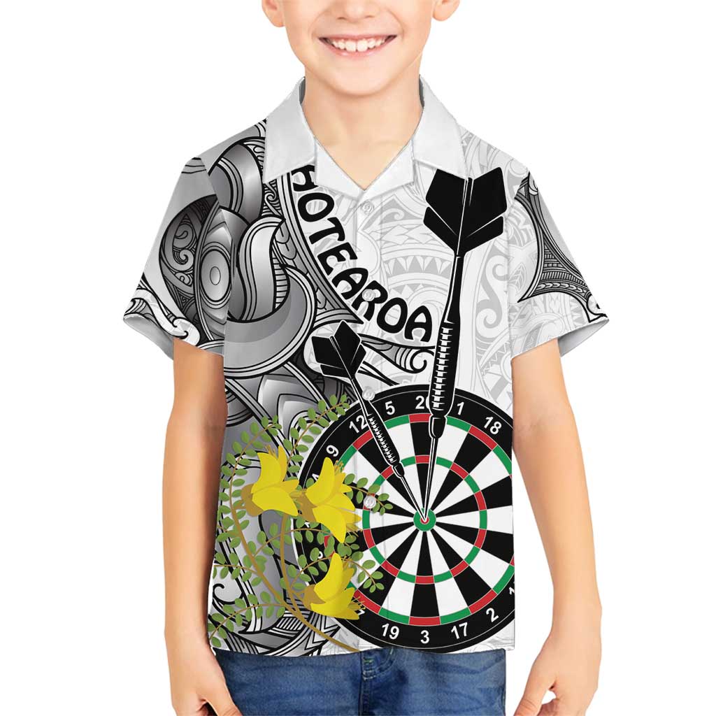 Personalised New Zealand Darts Family Matching Summer Maxi Dress and Hawaiian Shirt Kowhai Floral with Maori Tattoo LT9 Son's Shirt Black - Polynesian Pride