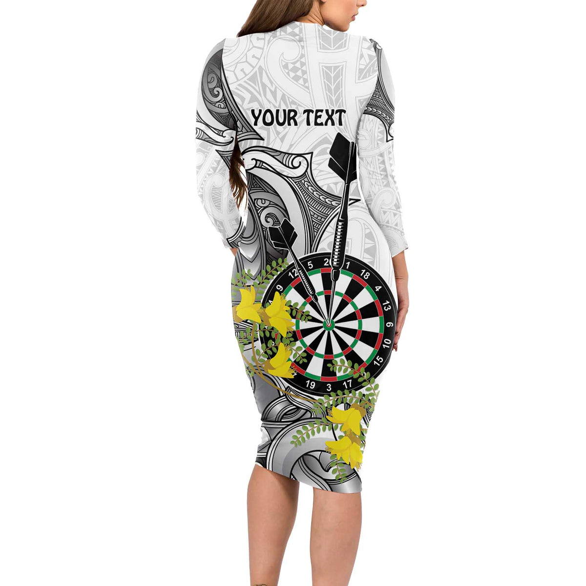 Personalised New Zealand Darts Long Sleeve Bodycon Dress Kowhai Floral with Maori Tattoo LT9 - Polynesian Pride