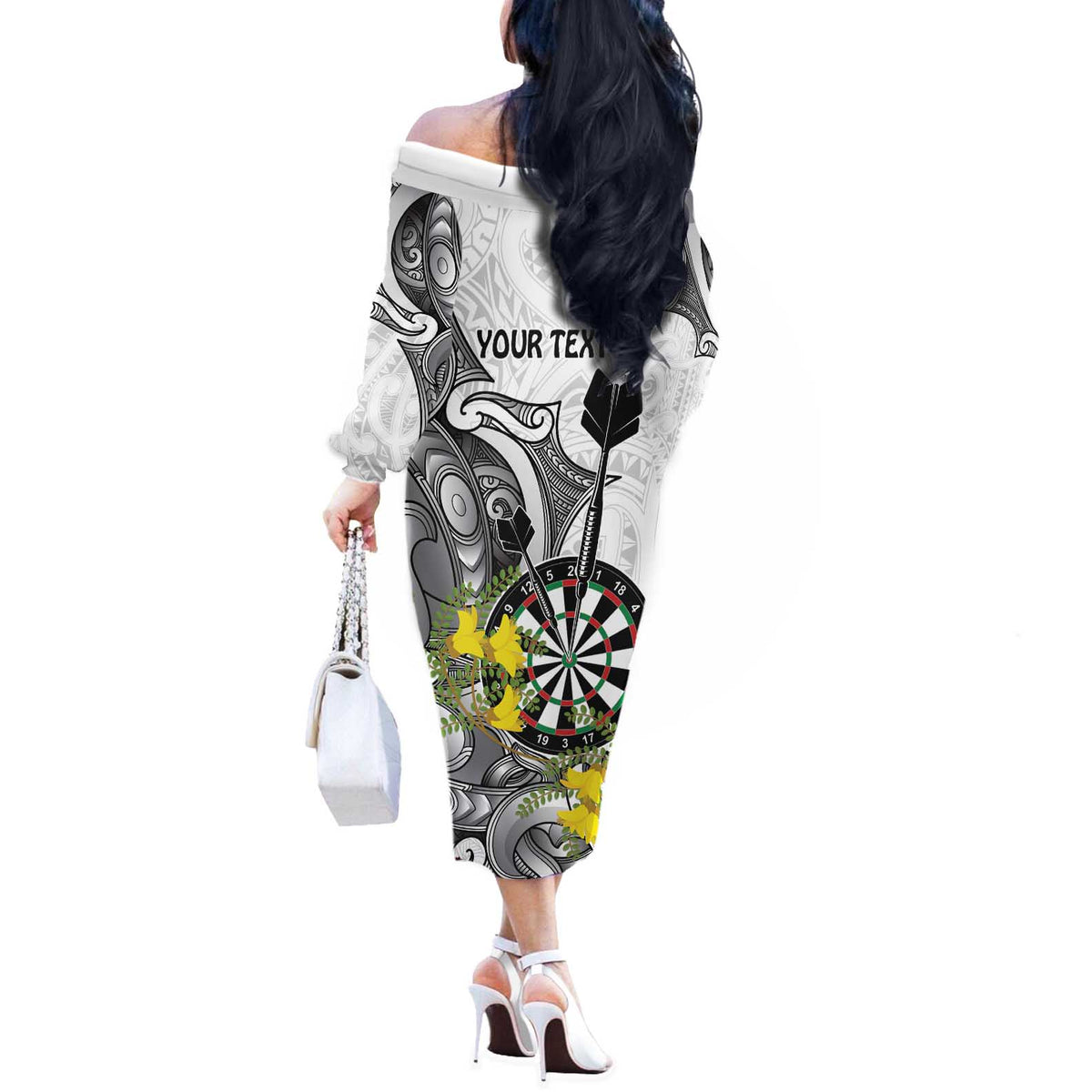 Personalised New Zealand Darts Off The Shoulder Long Sleeve Dress Kowhai Floral with Maori Tattoo LT9 - Polynesian Pride