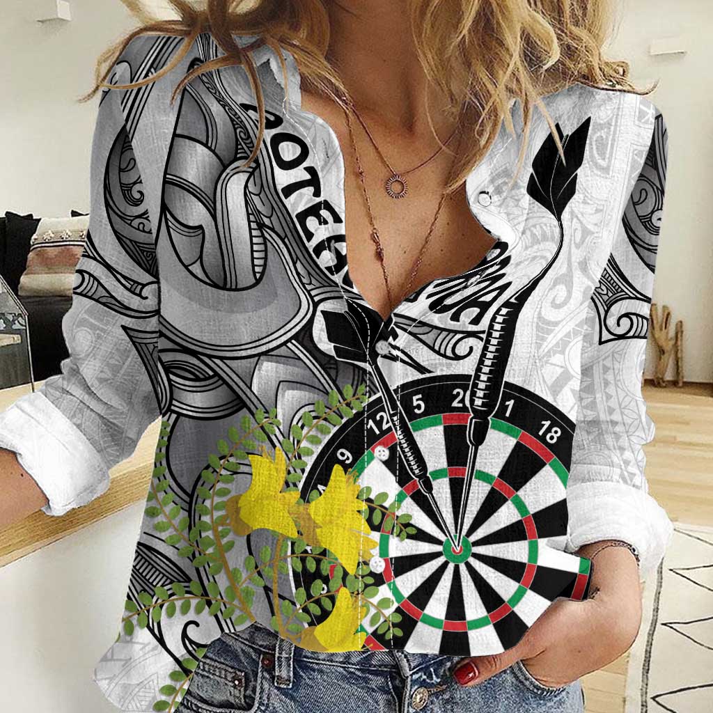 Personalised New Zealand Darts Women Casual Shirt Kowhai Floral with Maori Tattoo LT9 Female Black - Polynesian Pride