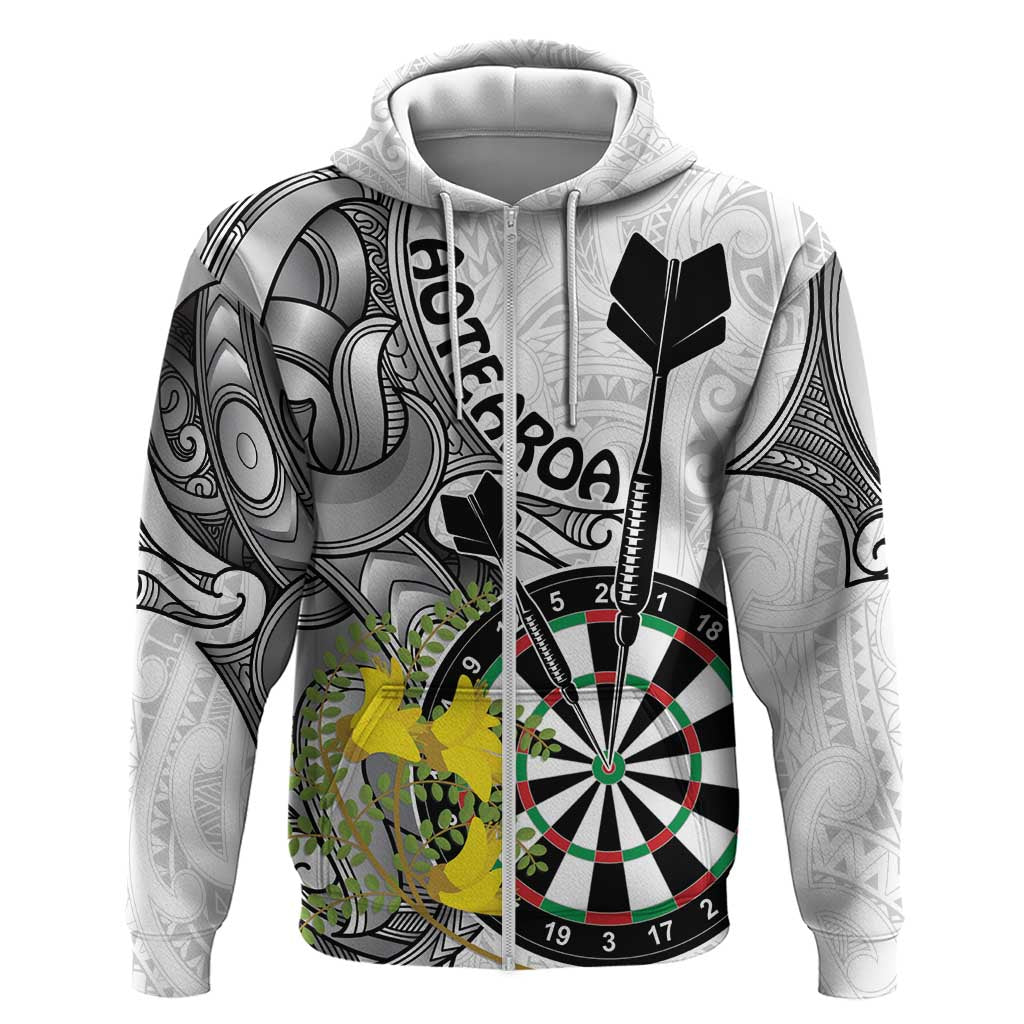 Personalised New Zealand Darts Zip Hoodie Kowhai Floral with Maori Tattoo LT9 Zip Hoodie Black - Polynesian Pride