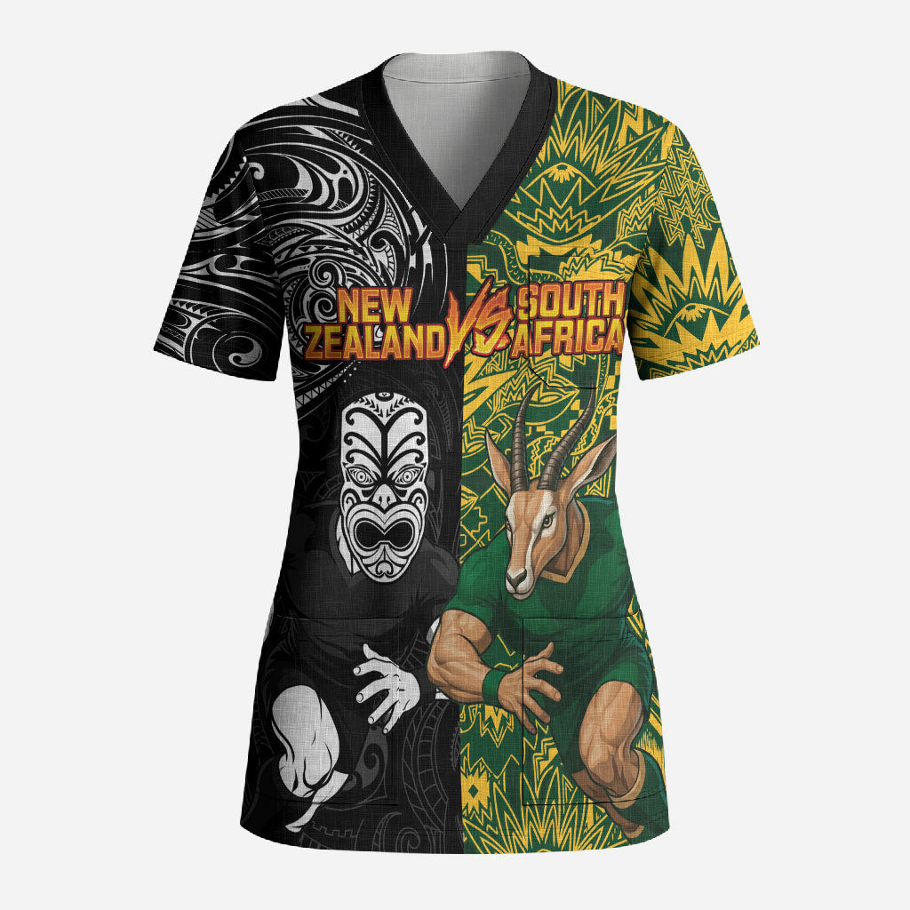 Custom New Zealand vs South Africa Scrub Top Rugby Rivalry Two Nations One Battle LT9 Adult Multicolor - Polynesian Pride