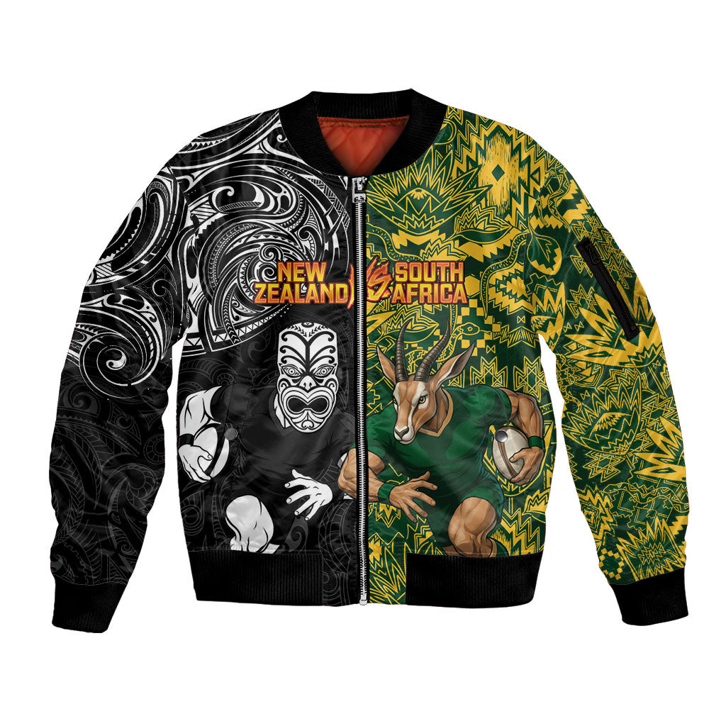 Custom New Zealand vs South Africa Sleeve Zip Bomber Jacket Rugby Rivalry Two Nations One Battle LT9 Unisex Multicolor - Polynesian Pride