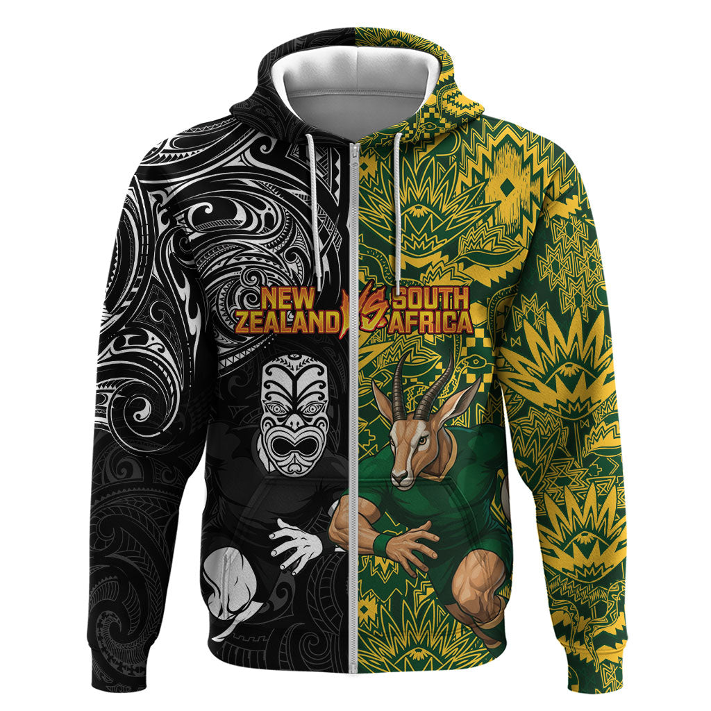 Custom New Zealand vs South Africa Zip Hoodie Rugby Rivalry Two Nations One Battle LT9 Zip Hoodie Multicolor - Polynesian Pride