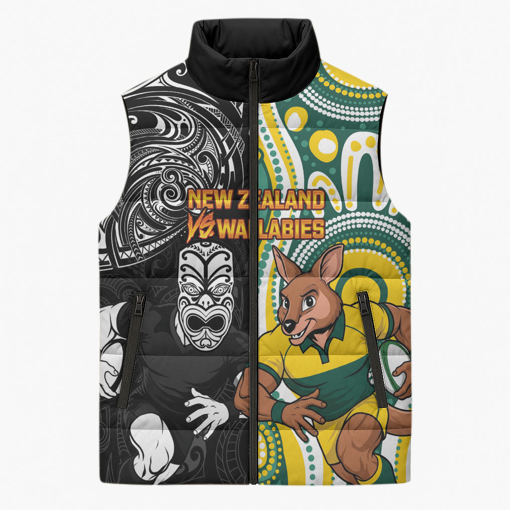 Custom Australia vs New Zealand Sleeveless Puffer Jacket Rugby Rivalry Two Nations One Battle LT9 Unisex Multicolor - Polynesian Pride