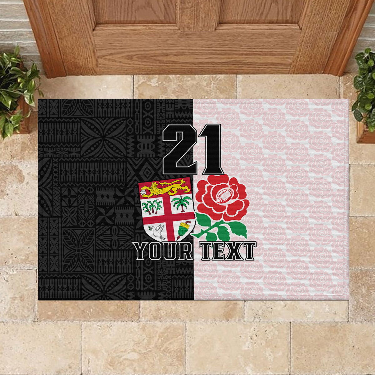 Custom Fiji England Rugby Rubber Doormat Tapa Pattern and Rose Flower World Cup 2023 LT9 - Polynesian Pride