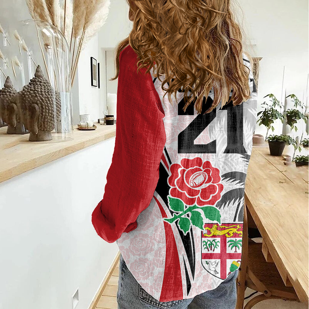 Custom Fiji England Rugby Women Casual Shirt Tapa Pattern and Rose Flower World Cup 2023 LT9 - Polynesian Pride
