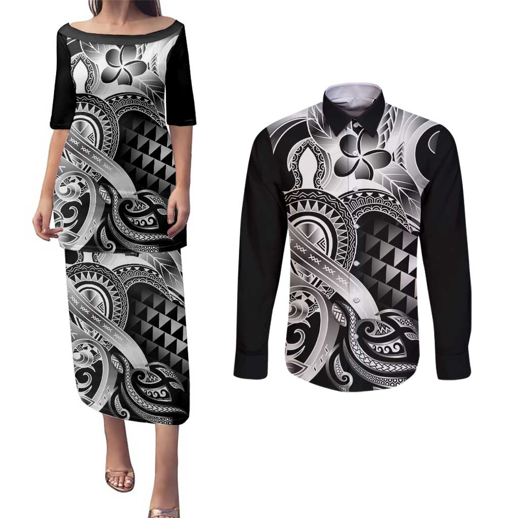 Aloha Black Tribal Honu Tattoo Couples Matching Puletasi and Long Sleeve Button Shirt