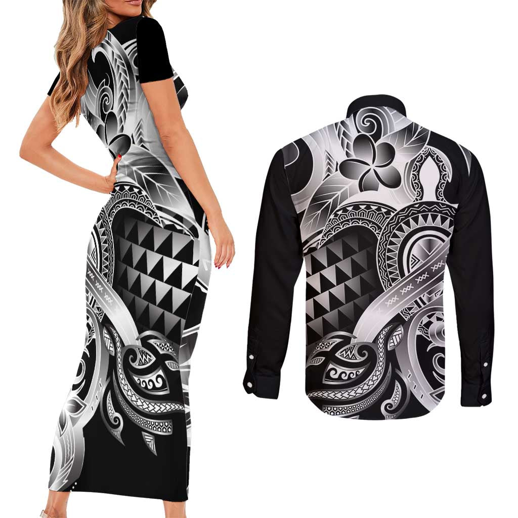 Aloha Black Tribal Honu Tattoo Couples Matching Short Sleeve Bodycon Dress and Long Sleeve Button Shirt