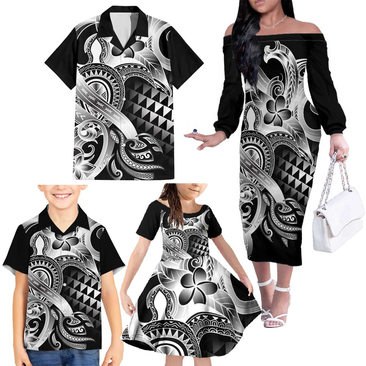 Aloha Black Tribal Honu Tattoo Family Matching Off The Shoulder Long Sleeve Dress and Hawaiian Shirt LT9 - Polynesian Pride