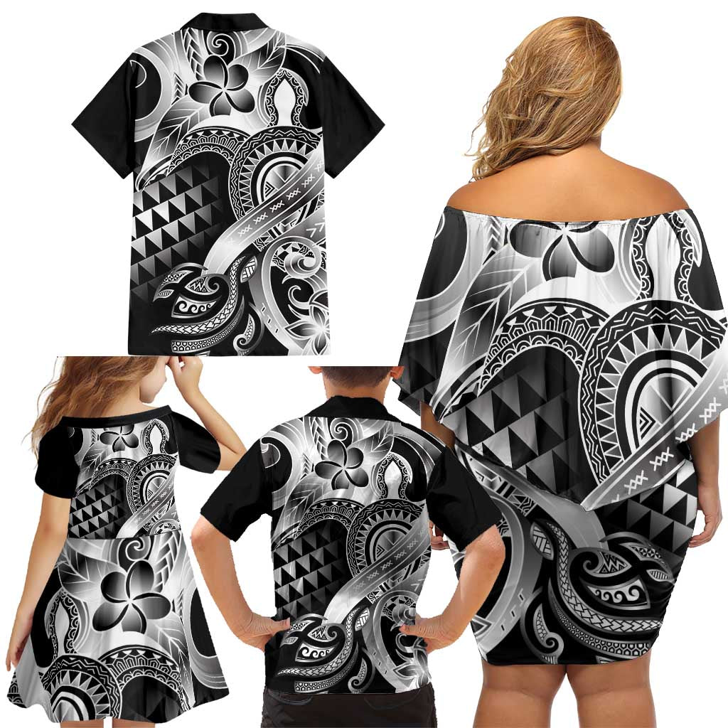 Aloha Black Tribal Honu Tattoo Family Matching Off Shoulder Short Dress and Hawaiian Shirt LT9 - Polynesian Pride