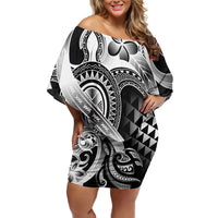 Aloha Black Tribal Honu Tattoo Family Matching Off Shoulder Short Dress and Hawaiian Shirt LT9 Mom's Dress Black - Polynesian Pride