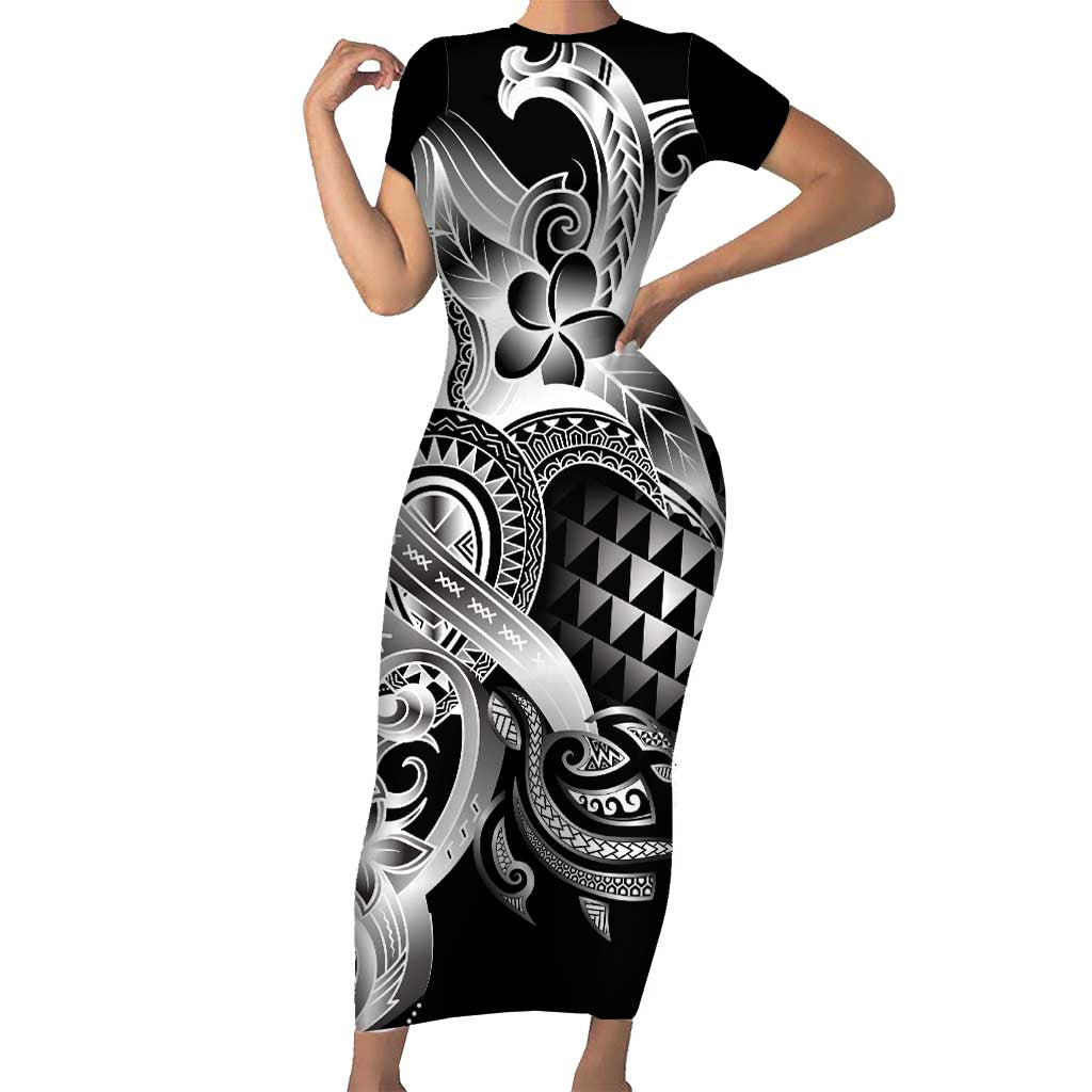 Aloha Black Tribal Honu Tattoo Family Matching Short Sleeve Bodycon Dress and Hawaiian Shirt LT9 Mom's Dress Black - Polynesian Pride