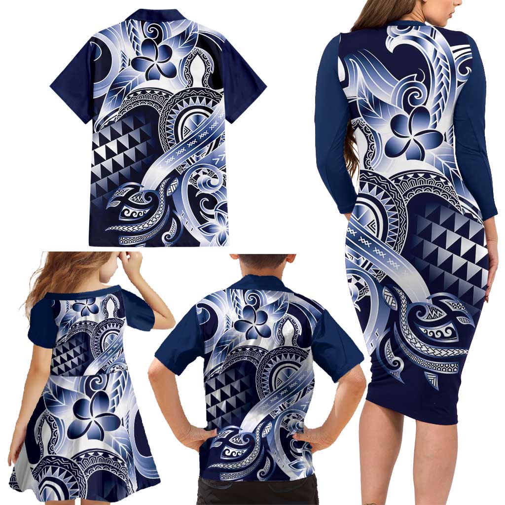Aloha Blue Tribal Honu Tattoo Family Matching Long Sleeve Bodycon Dress and Hawaiian Shirt LT9 - Polynesian Pride