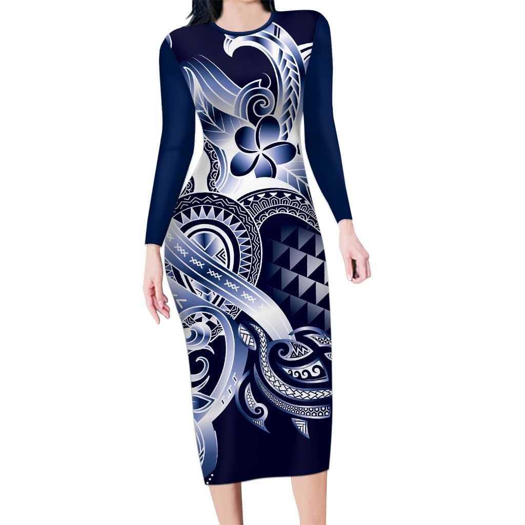 Aloha Blue Tribal Honu Tattoo Family Matching Long Sleeve Bodycon Dress and Hawaiian Shirt LT9 Mom's Dress Blue - Polynesian Pride