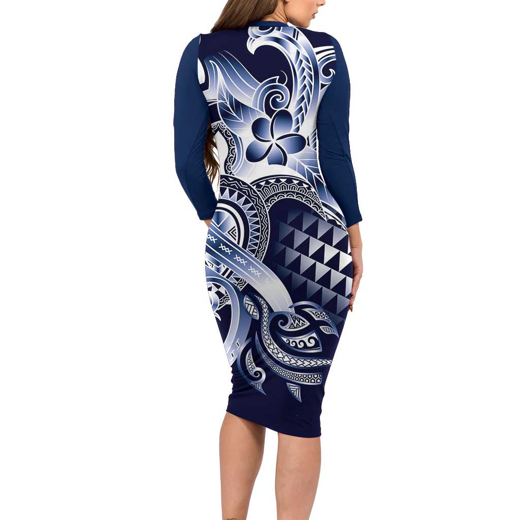 Aloha Blue Tribal Honu Tattoo Family Matching Long Sleeve Bodycon Dress and Hawaiian Shirt LT9 - Polynesian Pride