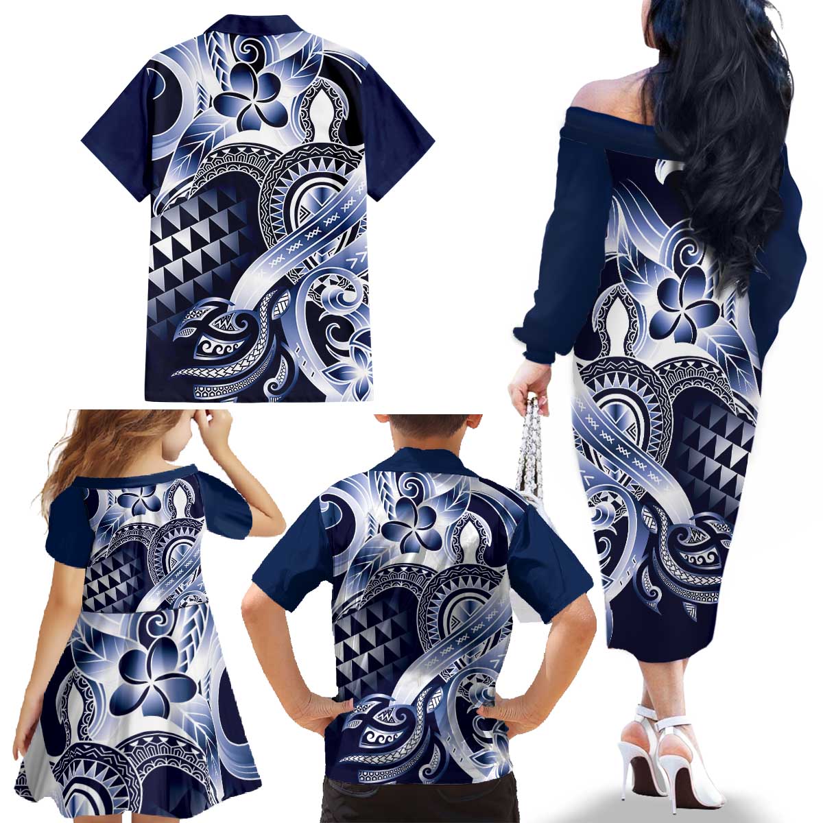 Aloha Blue Tribal Honu Tattoo Family Matching Off The Shoulder Long Sleeve Dress and Hawaiian Shirt LT9 - Polynesian Pride