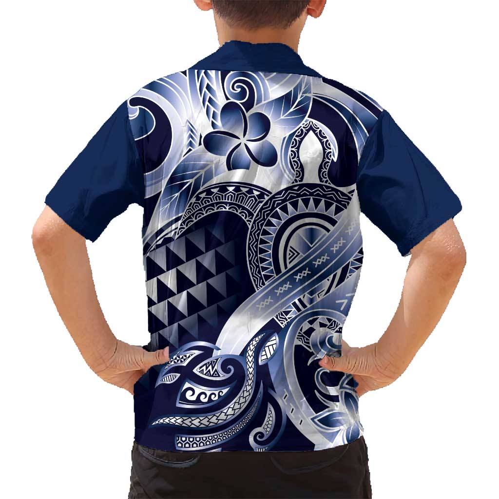Aloha Blue Tribal Honu Tattoo Family Matching Off Shoulder Maxi Dress and Hawaiian Shirt